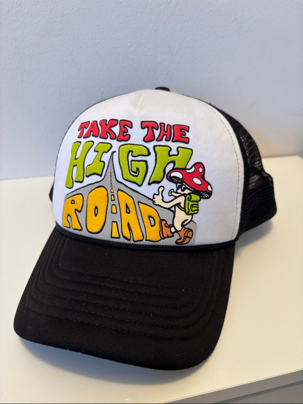 'Take The High Road' Black and White Trucker Hat mushroom
